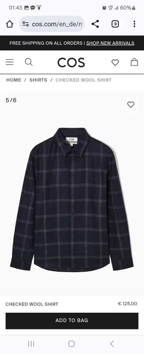 코스 checked wool shirt 네이비 체크 XL